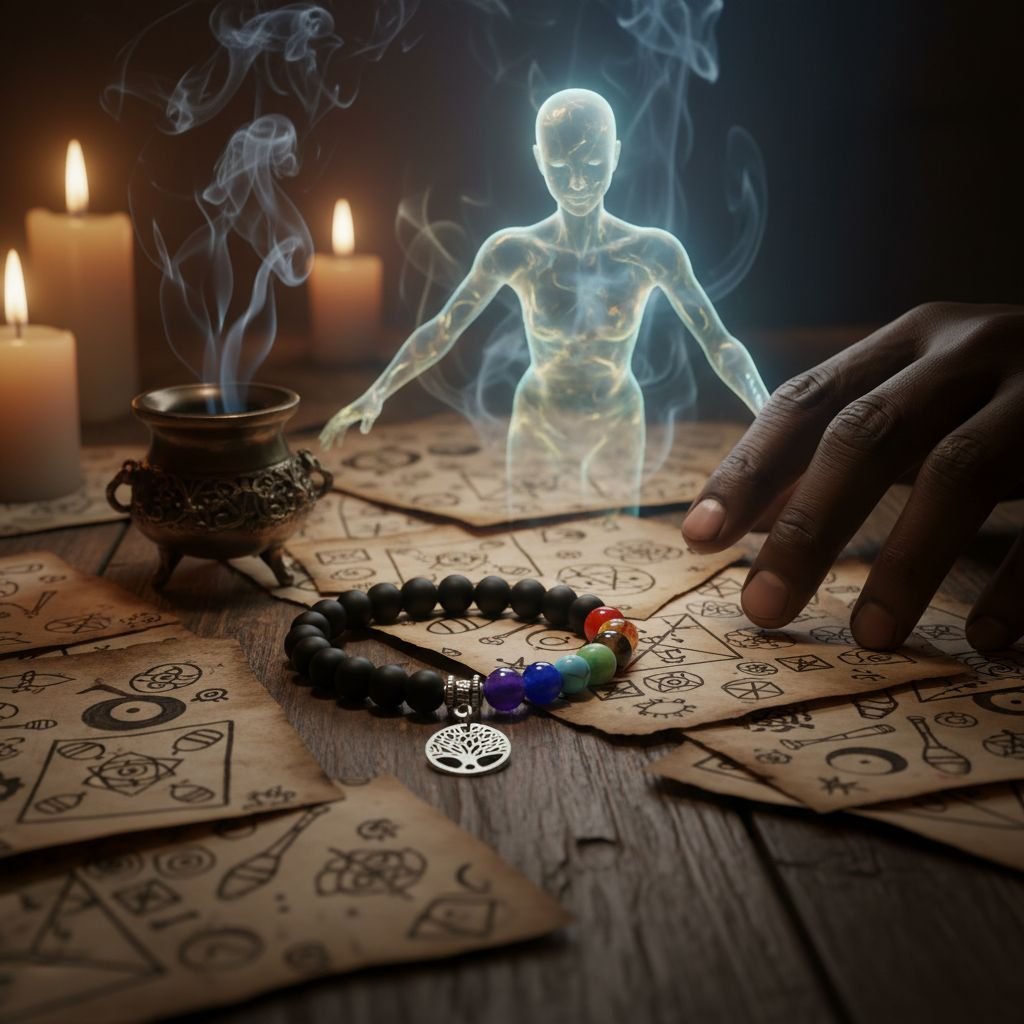 Bracelet Spirituel avec perles noires, couleurs et arbre de vie dans un décor spirituel