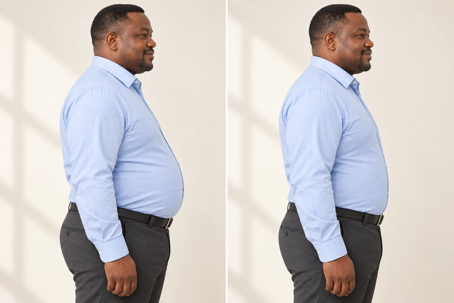 Illustration de profil : le même homme porte une chemise bleue sans puis avec un gilet de compression qui maintient le ventre sous la chemise